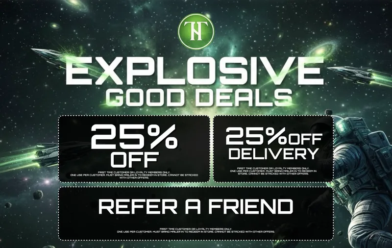 NYC dispensary cannabis mailer with space theme, 25% off and refer a friend offers