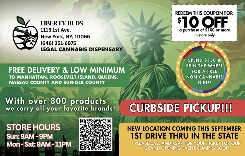 Manhattan dispensary EDDM with Statue of Liberty design, $10 off and spin the wheel