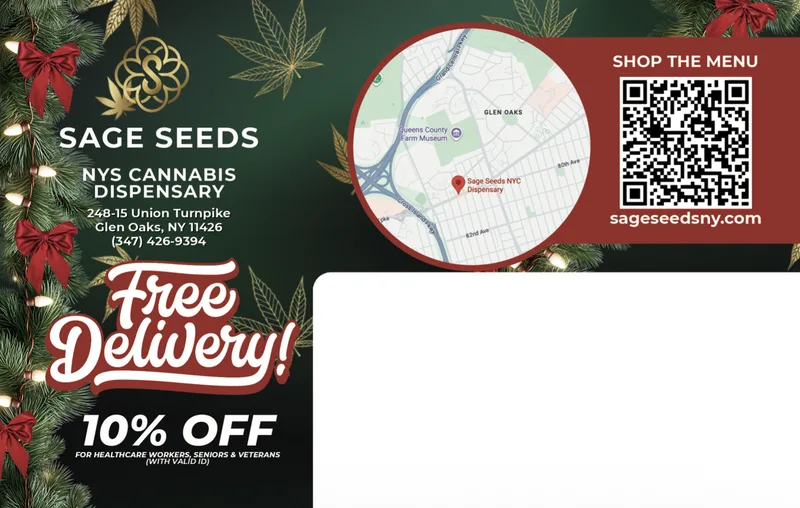 Brooklyn dispensary holiday EDDM mailer with free delivery, map, and 10% off for veterans