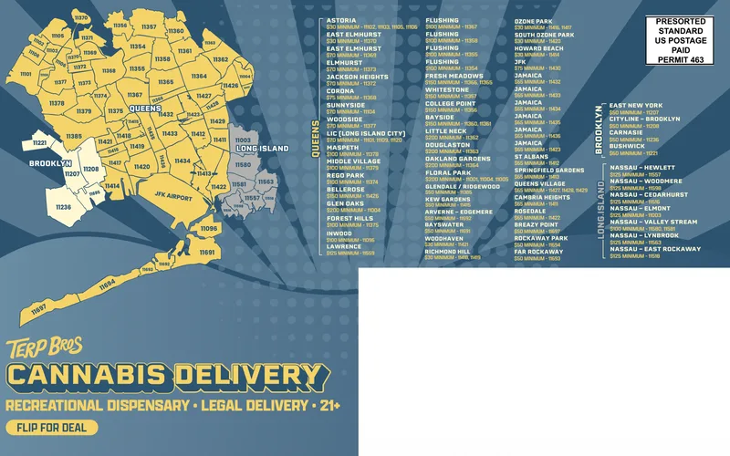 Dispensary cannabis delivery zone map covering Queens, Brooklyn, and Long Island
